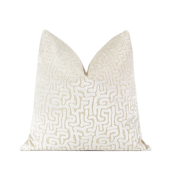 Ivory Maze Cut Velvet Pillow Cover| Designer Throw Pillow Cover, 20x20, 22x22, 24x24, 26x26, Lumbar