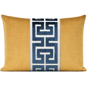 Striated Velvet Pillow Cover with Large Greek Key Trim | Gold Designer Velvet Throw Pillow Cover with Navy Blue Trim | Lumbar Pillow Cover |