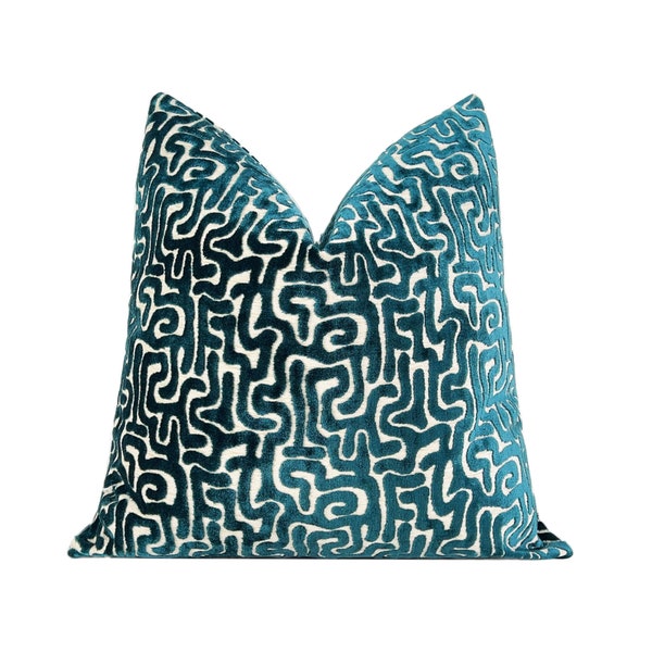 Teal Maze Cut Velvet Pillow Cover| Designer Throw Pillow Cover 20x20, 22x22, 24x24, 26x26, Lumbar Cover