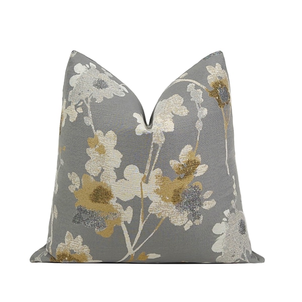 Graphite Floral Pillow Cover, Grey Gold Throw Pillow Cover 18x18, 20x20, 22x22, 24x24, 26x26, Lumbar Cover