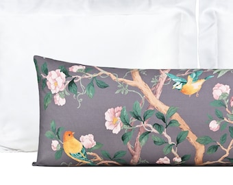 XL Lumbar Pillow Cover, Chinoiserie Garden Extra Long Lumbar Pillow Cover, Pewter Gray Floral Lumbar Pillow Cover 14x36, 14x48 Bedroom Decor