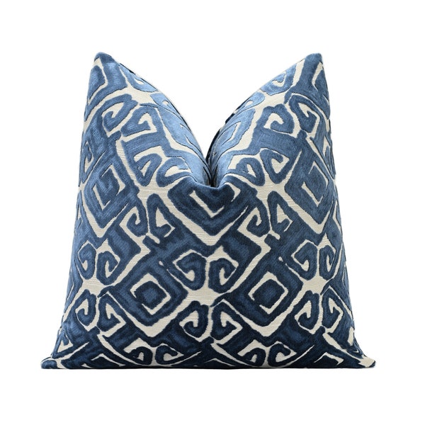 Blue Tribal Inspired Cut Velvet Pillow Cover, Modern Designer Velvet Pillow Cover 18x18, 20x20, 22x22, 24x24, 26x26, Lumbar Cover