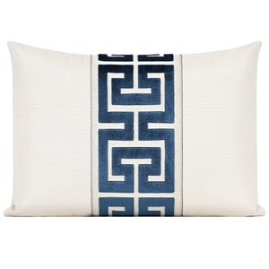 Striated Velvet Pillow Cover with Large Greek Key Trim | Alabaster Cream Designer Velvet Pillow Cover with Navy Blue Trim | Lumbar Cover
