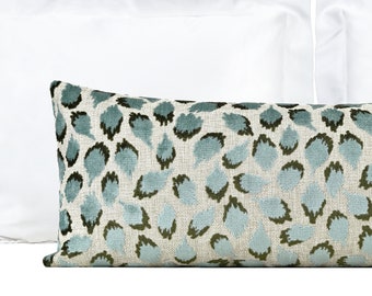 XL Lumbar Pillow Cover, Ocelot Aqua Green Designer Raised Velvet Extra Long Lumbar Pillow  Cover 14x36, 14x48, Bedroom Decor