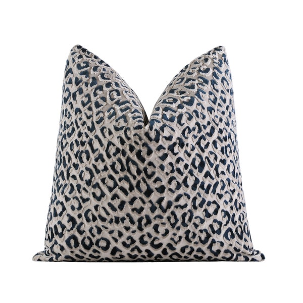 Leopard Cut Velvet Pillow Cover | Navy Blue Designer Velvet Throw Pillow Cover 18x18, 20x20, 22x22, 24x24, 26x26, Lumbar Cover