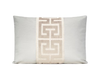 Alabaster Velvet Pillow Cover with Pearl Greek Key Trim 18x18, 20x20, 22x22, Lumbar 14x20, 15x22, 16x24