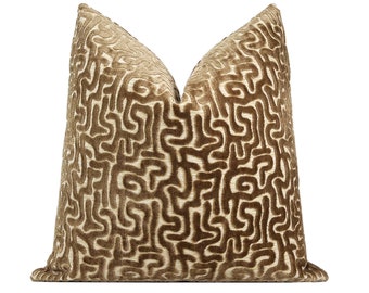 Camel Maze Cut Velvet Pillow Cover| Brown Throw Pillow Cover, 18x18, 20x20, 22x22, 24x24, 26x26, XL Lumbar Cover