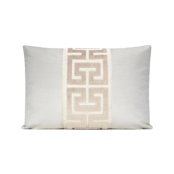 Alabaster Velvet Pillow Cover with Pearl Greek Key Trim 18x18, 20x20, 22x22, Lumbar 14x20, 15x22, 16x24