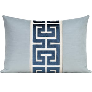 Spa Blue Velvet Pillow Cover with Navy Blue Greek Key Trim, Blue Striated Velvet Pillow Cover with Large Greek Trim, Lumbar Pillow Cover