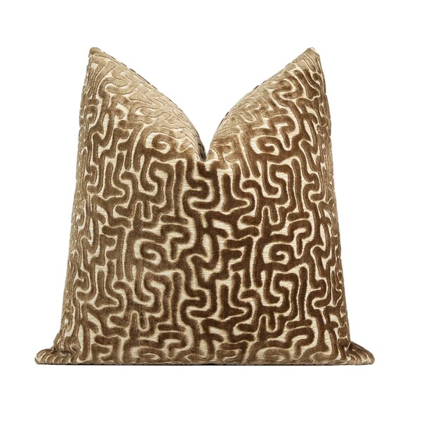 Camel Maze Cut Velvet Pillow Cover| Brown Throw Pillow Cover, 18x18, 20x20, 22x22, 24x24, 26x26, XL Lumbar Cover