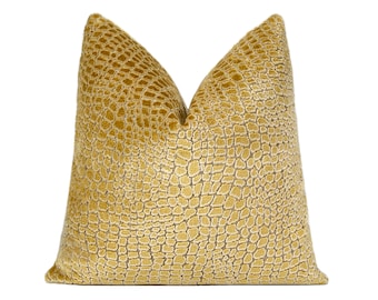 Gold Alligator Cut Velvet Pillow Cover | Gold Designer Velvet Throw Pillow Cover 18x18, 20x20, 22x22, 24x24, 26x26, XL Lumbar Pillow Cover