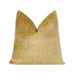 Gold Alligator Cut Velvet Pillow Cover | Gold Designer Velvet Throw Pillow Cover 18x18, 20x20, 22x22, 24x24, 26x26, XL Lumbar Pillow Cover