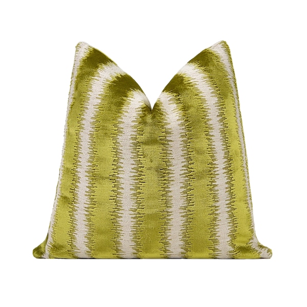 Chartreuse Green Stripe Velvet Pillow Cover, Designer Velvet Pillow Cover, 18x18, 20x20, 22x22, 24x24, 26x26, XL Lumbar Pillow Cover