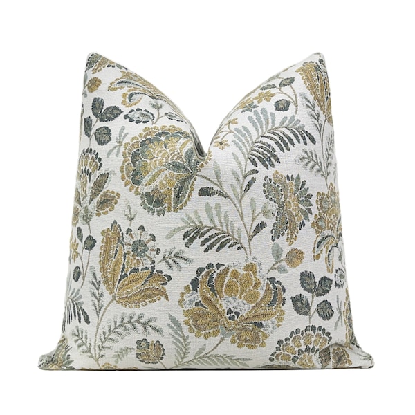 Floral Pillow Cover, Ivory Gold Spa Green Pillow Cover 18x18, 20x20, 22x22, 24x24, 26x26, Lumbar Cover