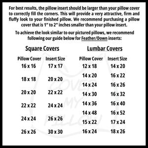 May include: A black and white graphic with text providing pillow insert size recommendations for square and lumbar pillow covers. The guide suggests inserts 2.5-5 cm larger than the cover for a full look. Sizes range from 40x40 cm to 66x66 cm.