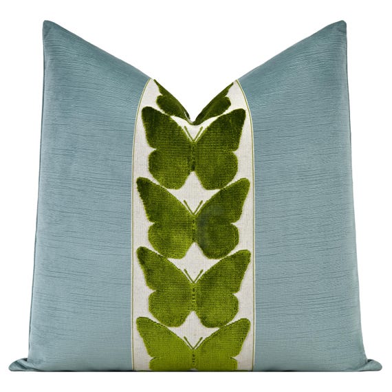Striated Velvet Throw Pillow Cover in Dusty Turquoise with Large Centered Green Butterfly Trim