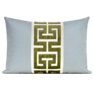 Spa Blue Velvet Pillow Cover with Olive Green Greek Key Trim, Striated Velvet Pillow Cover with Green Large Greek Key Trim, Lumbar Cover