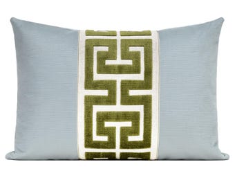 Spa Blue Velvet Pillow Cover with Olive Green Greek Key Trim, Striated Velvet Pillow Cover with Green Large Greek Key Trim, Lumbar Cover