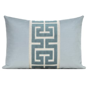 Spa Blue Velvet Pillow Cover with Aqua Greek Key Trim, Striated Velvet Pillow Cover with Large Greek Trim, Lumbar Pillow Cover