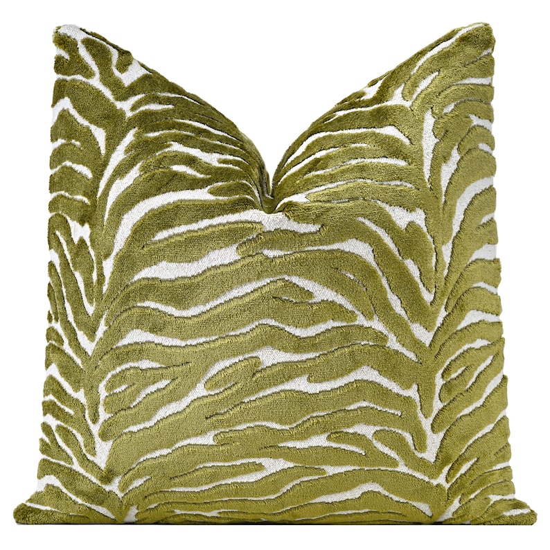 Zebra Cut Velvet Pillow Cover | Olive Green Designer Velvet Throw Pillow Cover | Lumbar Cover | XL Lumbar Cover | Animal Print Pillow Cover