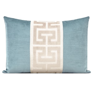 Striated Velvet Pillow Cover with Large Greek Key Trim | Dusty Turquoise Velvet Throw Pillow Cover | Pearl Greek Key Trim | Lumbar Cover