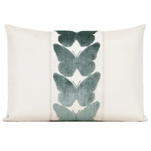 Striated Velvet Pillow Cover with Large Butterfly Trim | Alabaster Cream Designer Throw Pillow Cover with Aqua Wide Butterfly Trim | Lumbar