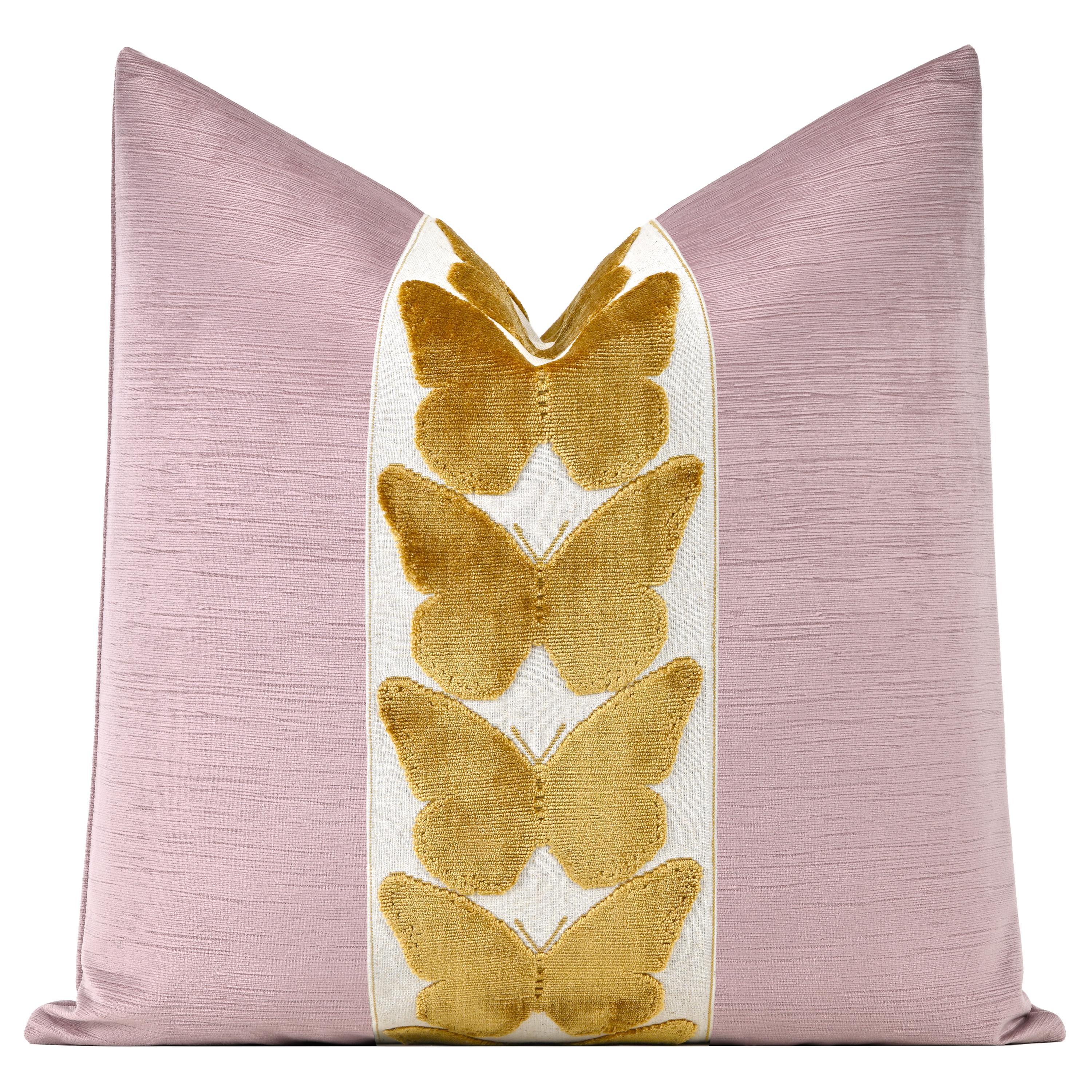 Striated Velvet Throw Pillow Cover With Large Butterfly Trim - Main Image