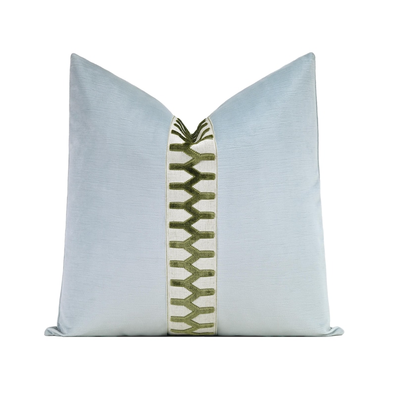 Striated Velvet Throw Pillow Cover: Spa Blue with Green Vertex Trim | Custom Sizes