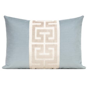 Spa Blue Velvet Pillow Cover with Pearl Greek Key Trim, Blue Velvet Pillow Cover with Large Greek Key Trim, Lumbar Pillow Cover, Trim Pillow