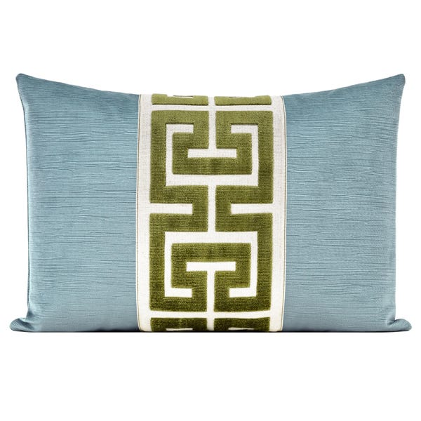 Striated Velvet Pillow Cover with Large Centered Greek Key Trim | Dusty Turquoise Throw Pillow Cover | Olive Green Greek Trim | Lumbar Cover