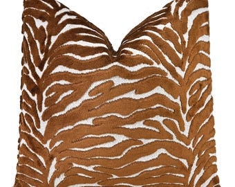 Zebra Cut Velvet Pillow Cover | Cognac Designer Velvet Throw Pillow Cover | Brown Cut Velvet | XL Lumbar Cover| Animal Print Pillow Cover