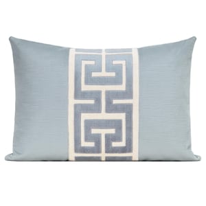 Spa Blue Velvet Pillow Cover with Ice Blue Greek Key Trim, Blue Velvet Pillow Cover with Large Greek Trim, Lumbar Pillow Cover, Trim Pillow