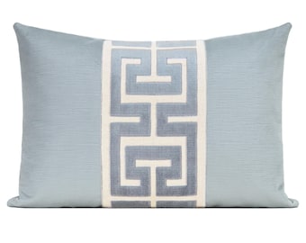 Striated Velvet Throw Pillow Cover in Spa Blue with Centered Ice Blue Greek Key Trim