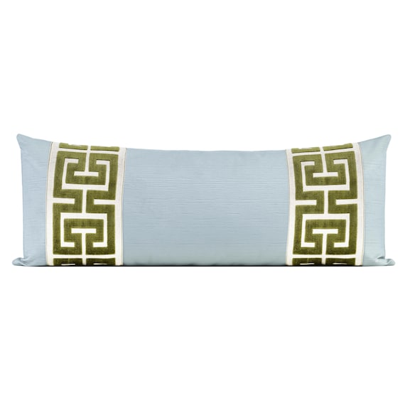 XL Lumbar: Striated Velvet Pillow Cover in Spa Blue with Parallel Olive Green Greek Key Trim