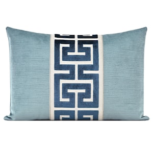 Striated Velvet Pillow Cover with Large Greek Key Trim | Dusty Turquoise Velvet Throw Pillow Cover | Navy Blue Greek Trim | Lumbar Cover