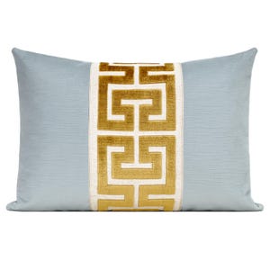 Spa Blue Velvet Pillow Cover with Gold Greek Key Trim, Blue Velvet Pillow Cover with Large Greek Key Trim, Lumbar Pillow Cover, Trim Pillow