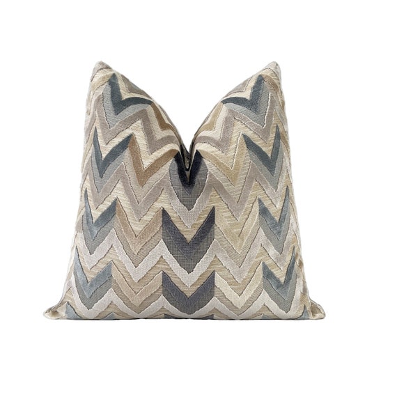 Chevron Cut Velvet Pillow Cover, Steel Blue Taupe Designer Throw Pillow Cover 18x18, 20x20, 22x22, 24x24, 26x26, Lumbar 14x20, 14x36, 14x48