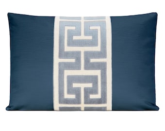 Navy Blue Velvet Pillow Cover with Ice Blue Greek Key Trim, Lumbar Velvet Pillow Cover with Large Greek Key Trim