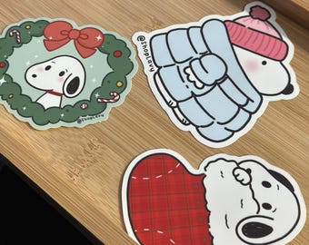 Cozy Holiday Beagle Sticker Set | Winter Cartoon Dog Stickers | Stocking, Wreath & Puffer Decals