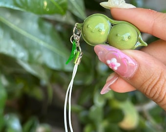 Little Green Guy Peas in a Pod Charm | Kawaii Polymer Clay Keychain | Smiski Inspired Glow-in-the-Dark Charm | Handmade Cute Accessory