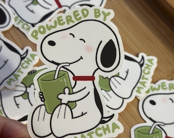 Powered By Matcha Beagle Sticker | Cozy Cartoon Dog Decal | Cute Laptop & Water Bottle Sticker | Snoopy inspired