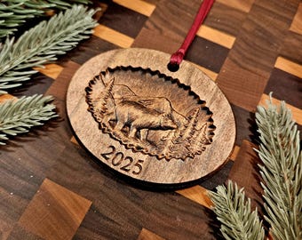 Personalized Dark Stained Carved Bear Christmas Ornament | Personalized for the 2025 Holiday Season