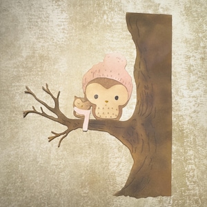 Hiboux mignons sur une branche avec chapeaux et écharpes d'hiver pour cartes faites main et album de scrapbooking, papier cartonné 300 g