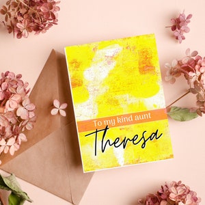 Tarjeta de felicitación imprimible personalizada para el Día de la Madre / Para mi querida tía / Fondo amarillo grunge / Descarga digital 5x7