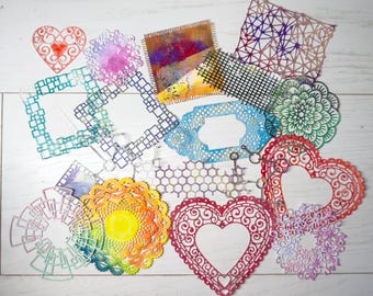Doilies, hearts, abstract patterns - 18pc die cuts for handmade cards and scrapbooking - painted with acrylics and watercolours