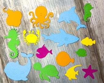 Cute marine animals (fish, whale, dolphin, jellyfish, octopus, seahorse, seastar, tortoise, crab) for handmade cards and scrapbook, 300 gsm