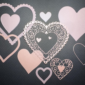 Corazones rosas y lavanda, 12 piezas, diferentes tamaños, papel perlado brillante, para tarjetas y álbumes de recortes hechos a mano para el Día de San Valentín