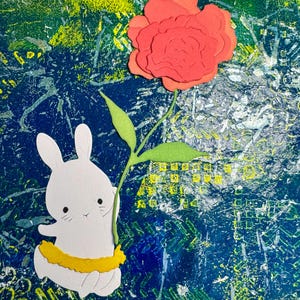 Lapin de Pâques tenant une rose découpes pour cartes faites main et scrapbooking, papier cartonné 300 g