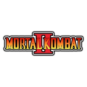 May include: MORTAL KOMBAT II logo in red, yellow, and black. The text "MORTAL KOMBAT" is in yellow with a red gradient, outlined in black. The Roman numeral "II" is in red, also outlined in black, on a white background.
