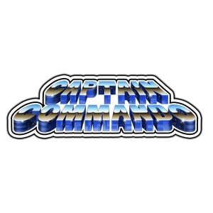 May include: A graphic logo featuring the text CAPTAIN COMMANDO in a bold, three-dimensional, metallic blue and silver font. The letters have a beveled edge, a reflective gradient finish, and a thick white outline, creating a distinct, blocky appearance.